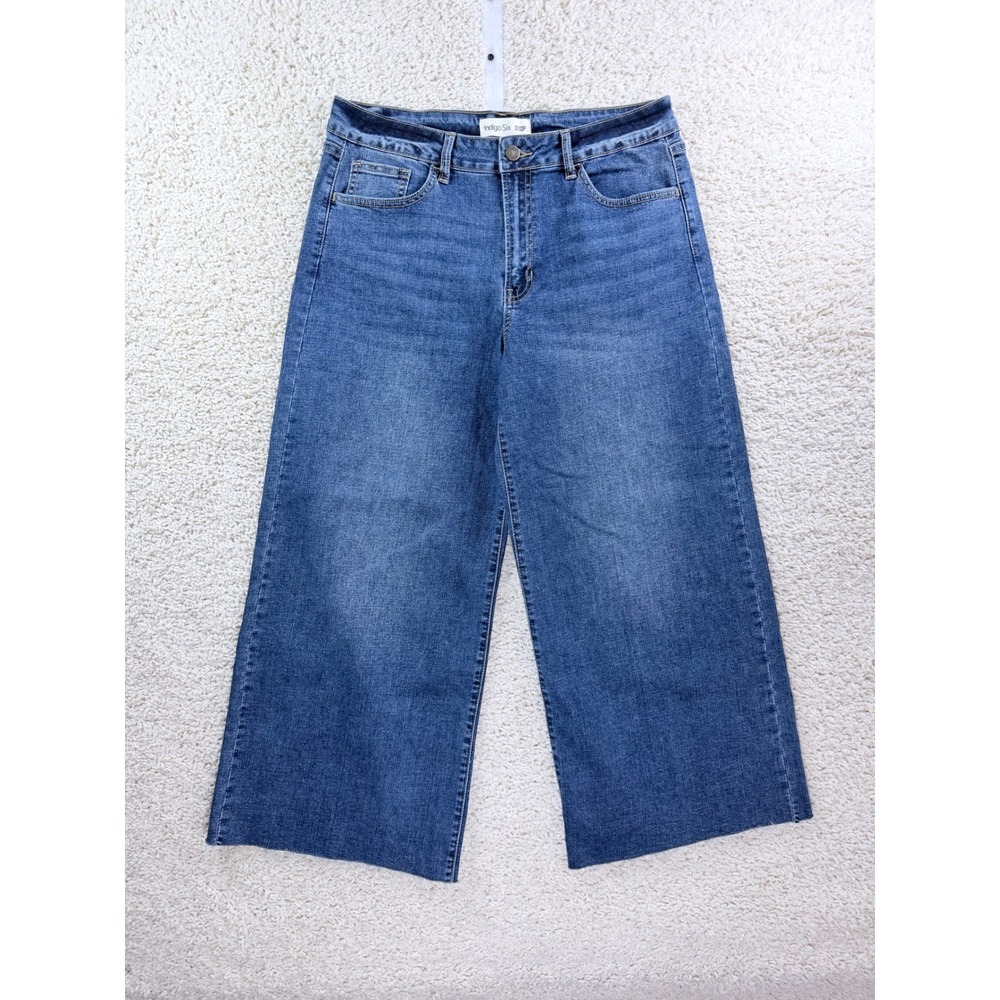 Indigo Six Wide Leg Crop Jeans Womens 31/12P Blue Excellent Raw Hem IP815P